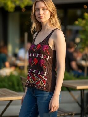 Tory Burch Black Embroidered Tank with Pink & Red Motifs